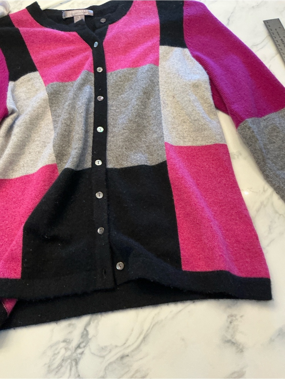 Charter Club Pink, Black & Gray Colorblock Casmere Cardigan